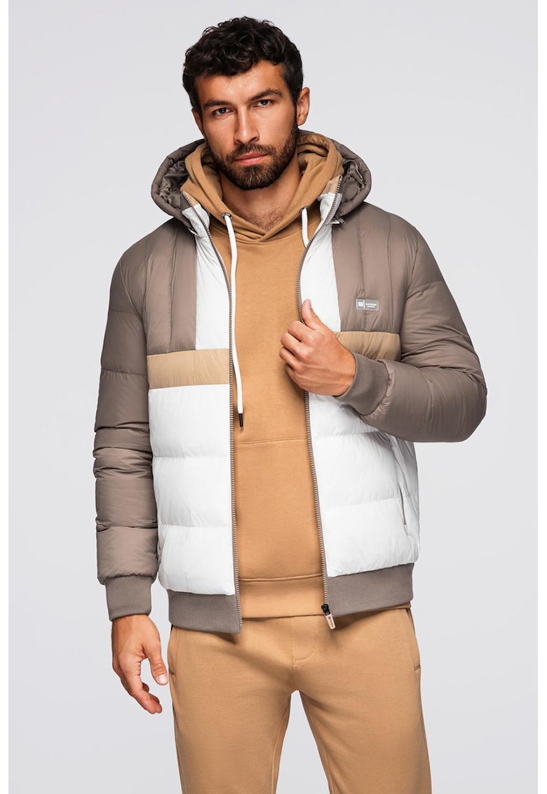 Зимно яке с качулка и цветен блок - Бял/Сиво-кафяв/Бежов OMBRE
