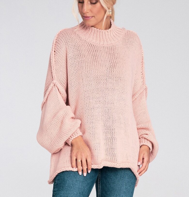 Извънгабаритен пуловер  розов - с буфан ръкави - акрилна плетка - за жени - полиестер Figl