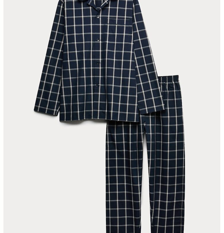 Карирана пижама с копчета - Бял/Тъмносин Marks  Spencer