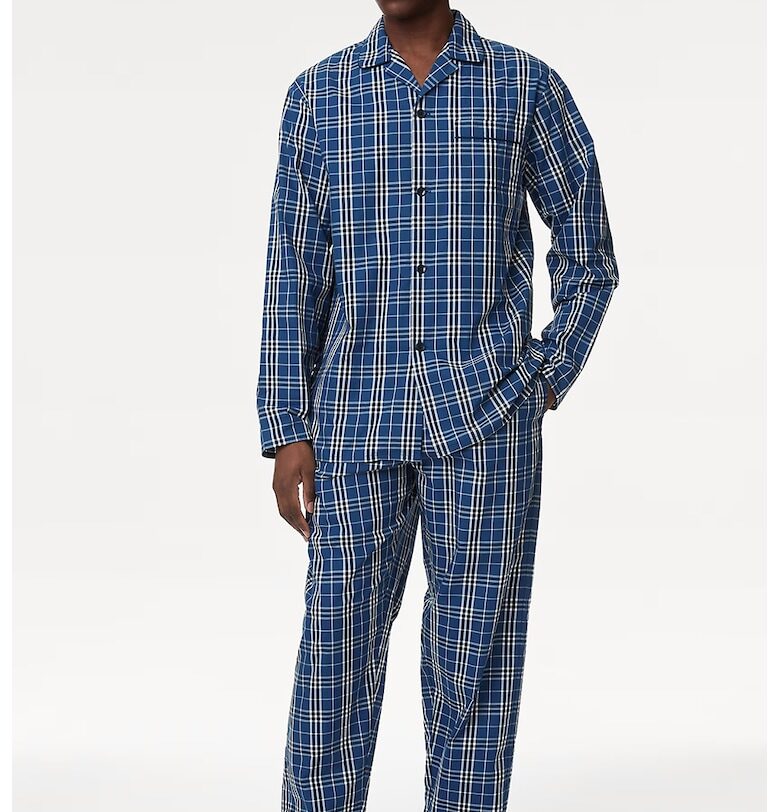 Карирана пижама с раздвоен ревер - Тъмносин/Кралско Синьо/Мръснобял Marks  Spencer