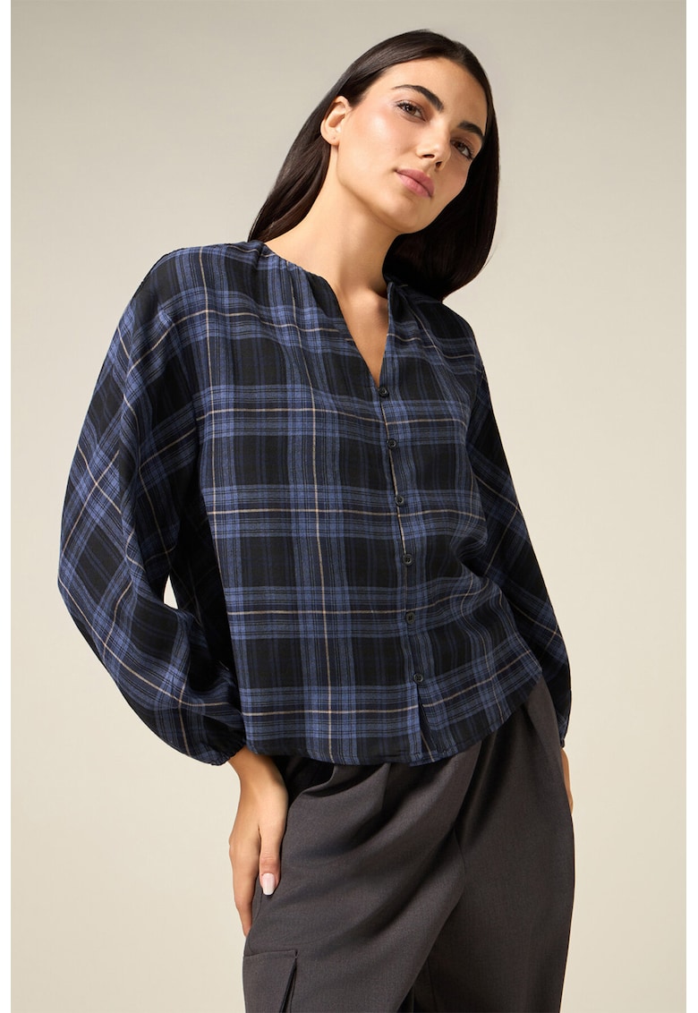 Карирана риза с овално деколте - Тъмносин/Тъмносин Oltre