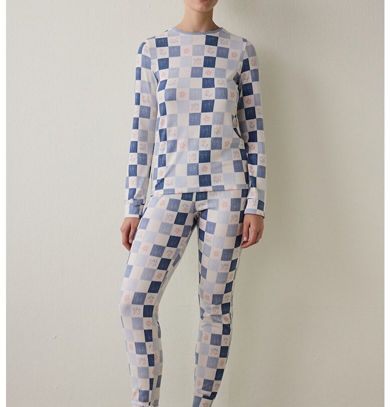 Карирана слим пижама - Бял/Син Penti