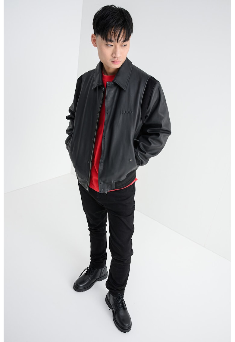 Кожен шакет Lewick с велур - Черен HUGO