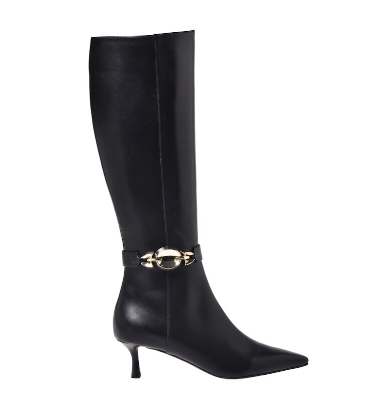 Кожени ботуши до коляното с остър връх и метален детайл Baldinini