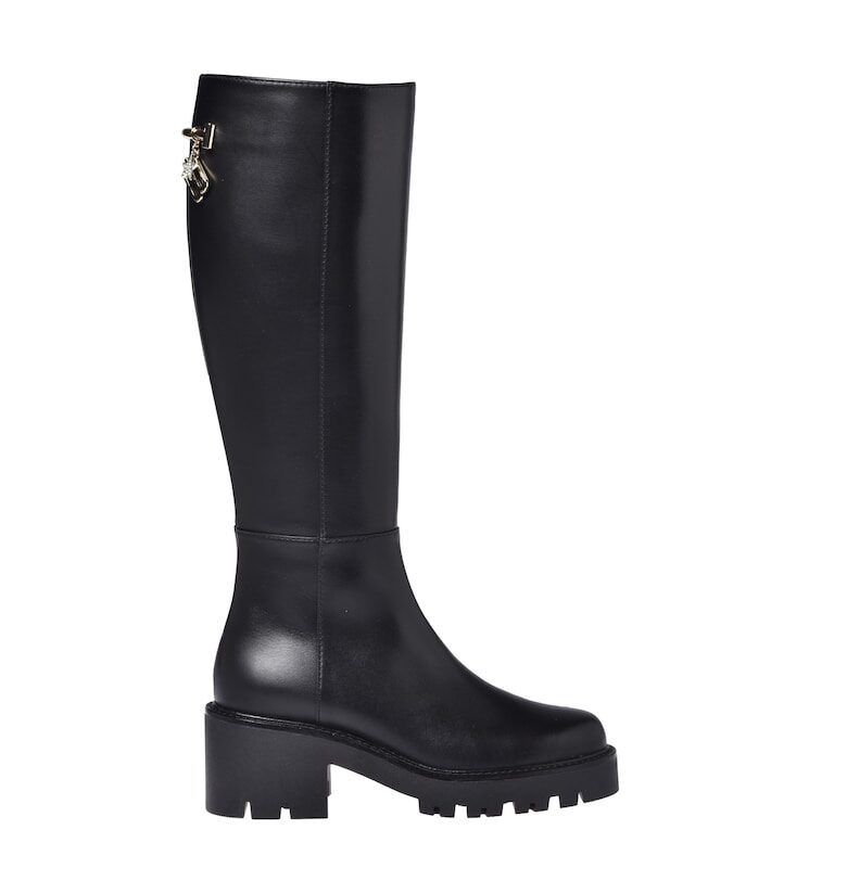 Кожени ботуши до коляното с ток и метален детайл Baldinini