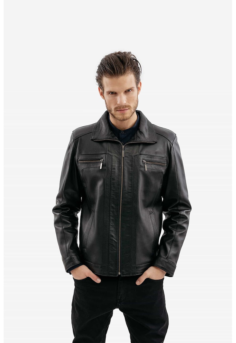 Кожено яке Teo с джобове с цип отпред - Черен Gerali