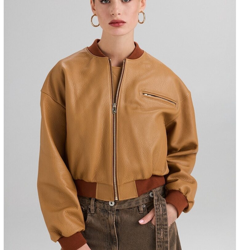 Кожено яке с ниска яка - Карамел AA Vesa