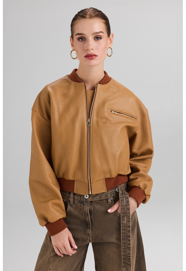 Кожено яке с ниска яка - Карамел AA Vesa