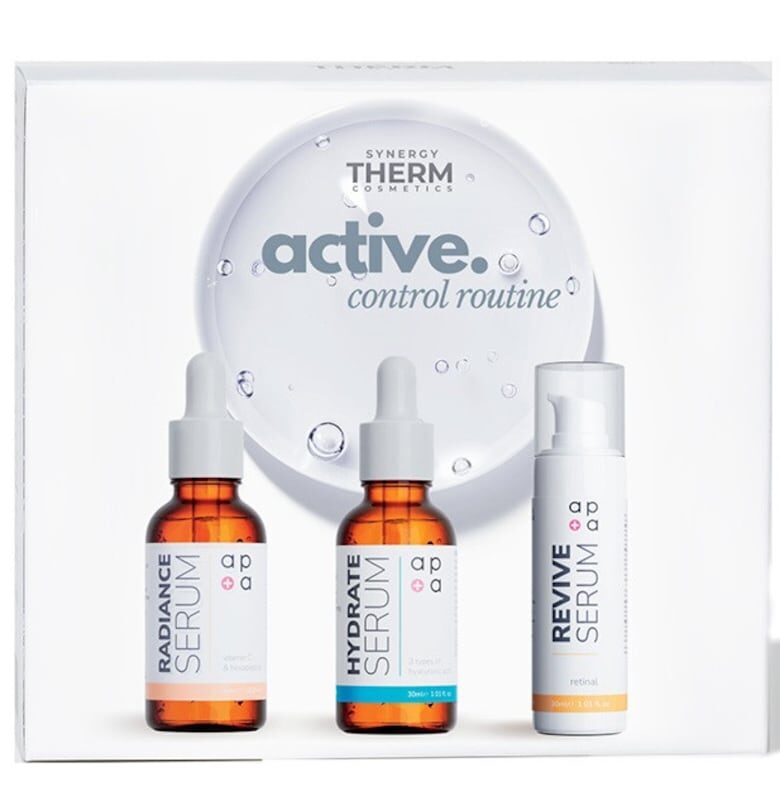 Козметичен комплект Active Control Routine -  Liposomal Vitamin C Radiance Serum - 30 ml - Hyaluronic Acid Hydrating Serum - 30 ml - Серум Retinal Revive Serum 0 -05% - 30 ml Synergy Therm