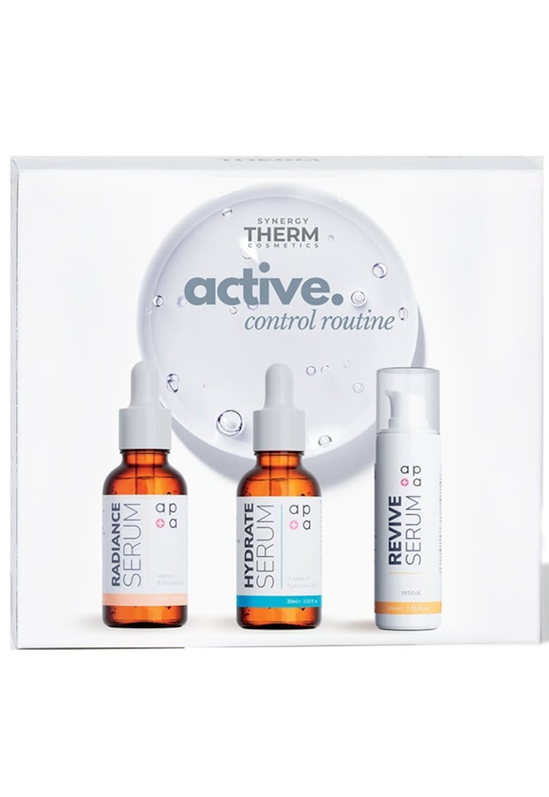 Козметичен комплект Active Control Routine - Liposomal Vitamin C Radiance Serum - 30 ml - Hyaluronic Acid Hydrating Serum - 30 ml - Серум Retinal Revive Serum 0 -05% - 30 ml Synergy Therm