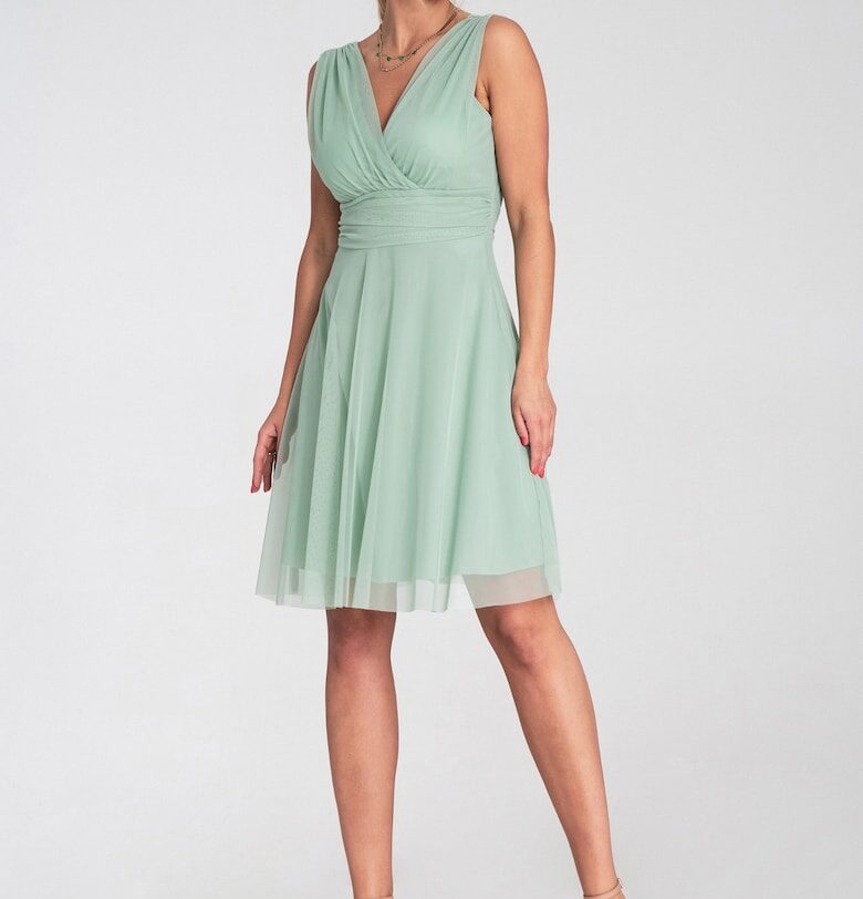 Коктейлна рокля  елегантна - мрежеста - ментов цвят - SM Figl