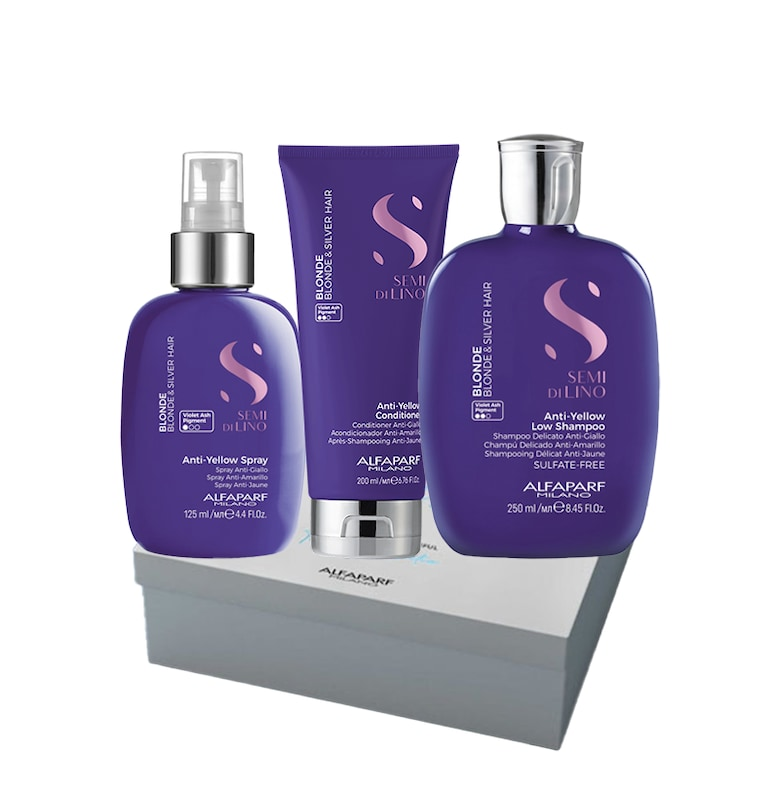 Комплект  Semi Di Lino Blonde за неутрализиране на жълтите тонове - Шампоан мл - Балсам 200 мл - Спрей 125 мл Alfaparf Milano