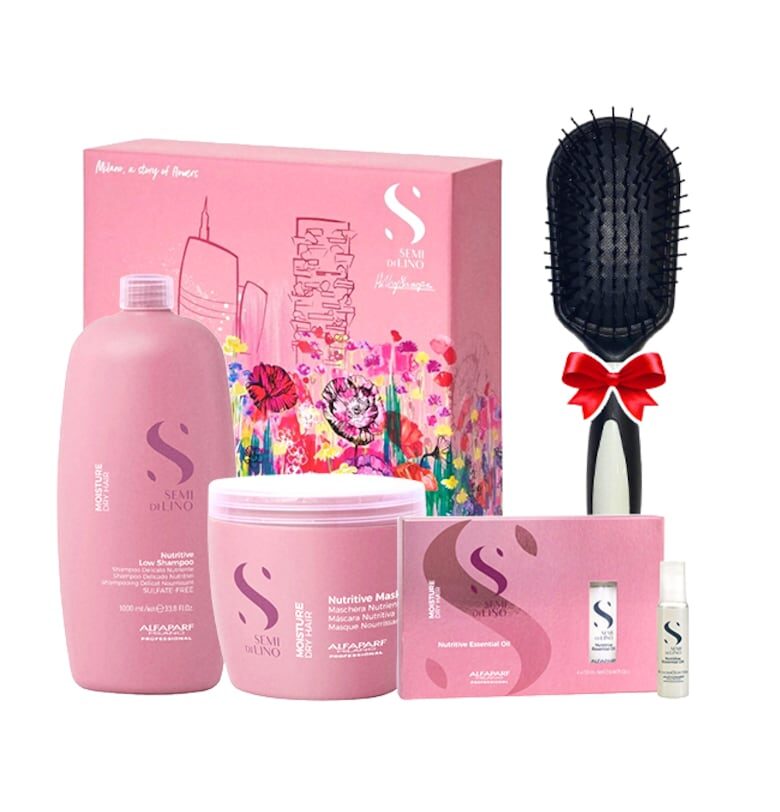 Комплект  Semi Di Lino Moisture Nutritive с 1000 ml шампоан - 500 ml маска - 6 ампули x 13 ml масло и четка за коса Alfaparf