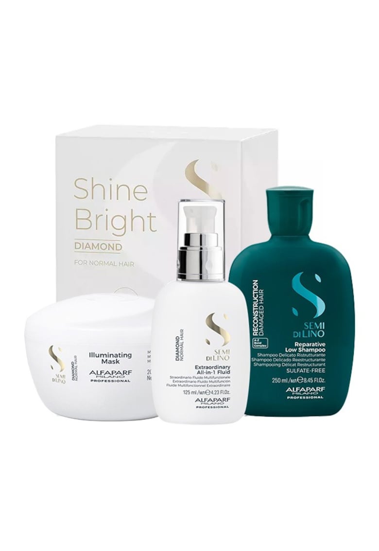 Комплект Semi Di Lino Reconstruction Shampoo - 250 ml и Diamond Illuminating Shine маска за коса - 200 ml и All-in-1 Diamond Illuminating Shine Fluid - 125 ml Alfaparf