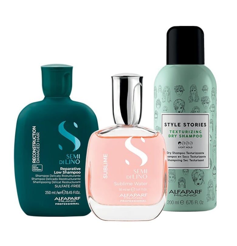 Комплект  Semi Di Lino Reconstruction Shampoo - 250 мл - сух шампоан Style Stories 200 мл - парфюмирана вода за коса и тяло Sublime Water 50 мл Alfaparf