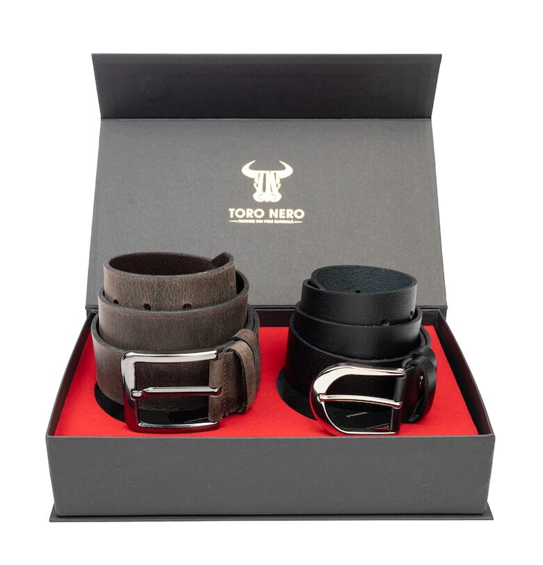 Комплект дамски и мъжки колан - естествена кожа - черно-кафяв - Thick-Industrial - 110см Toro Nero