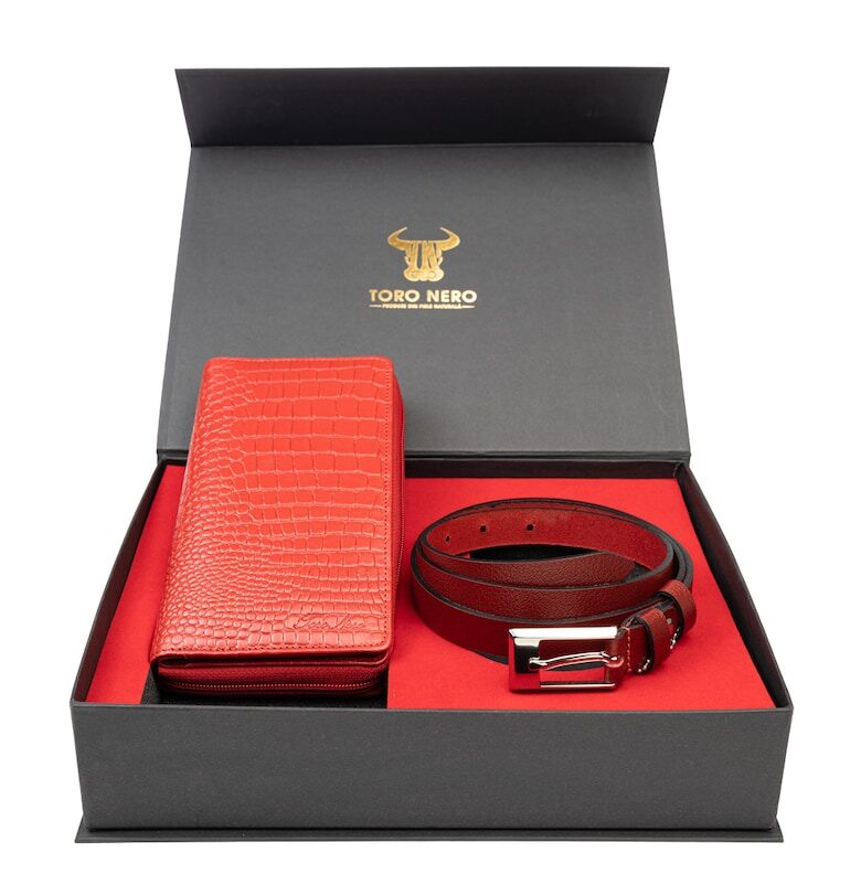 Комплект дамски портфейл и колан естествена кожа червен Gia-Slim Toro Nero