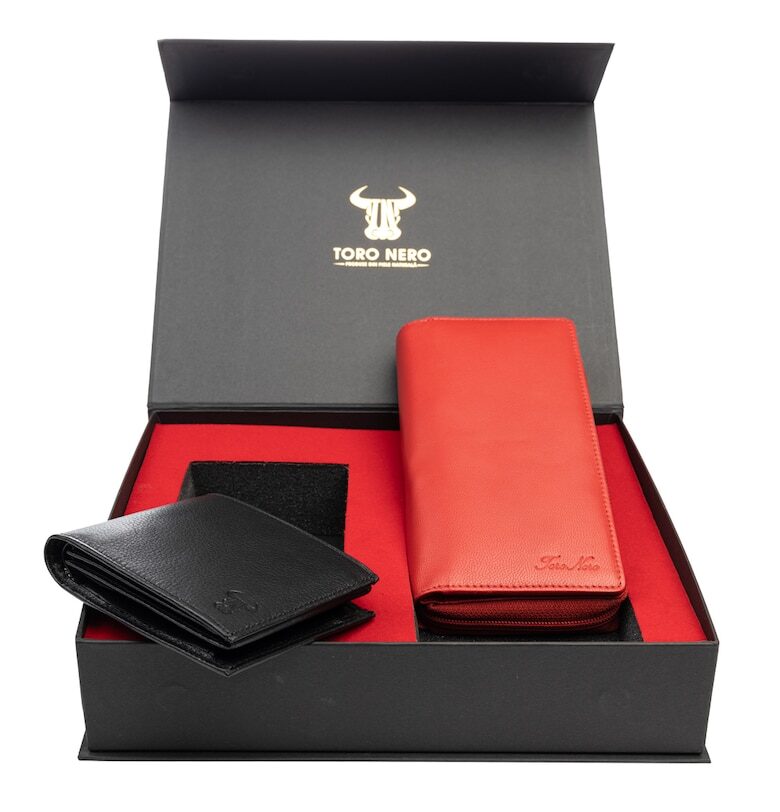 Комплект дамски портфейл и мъжки портфейл - естествена кожа - червен - Gina-Muselles Toro Nero