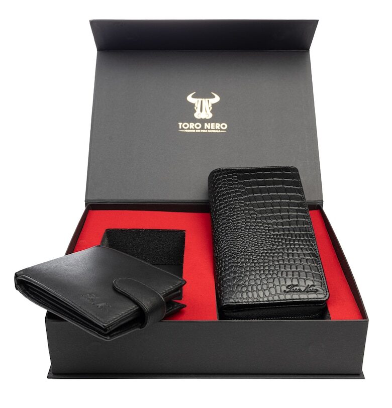 Комплект дамски портфейл и мъжки портфейл естествена кожа черен Gia-Viki Toro Nero