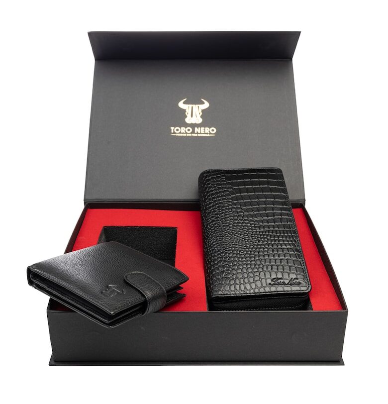 Комплект дамски портфейл и мъжки портфейл - естествена кожа - черен - Gia-Vita Opzioni Toro Nero