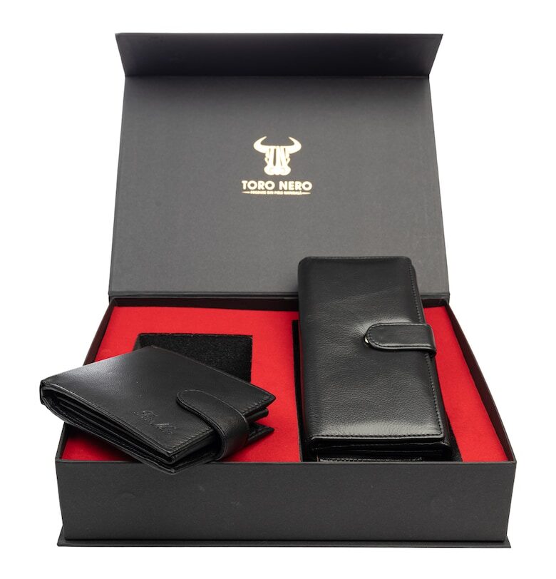 Комплект дамски портфейл и мъжки портфейл - естествена кожа - черен - Reset-Viki Toro Nero