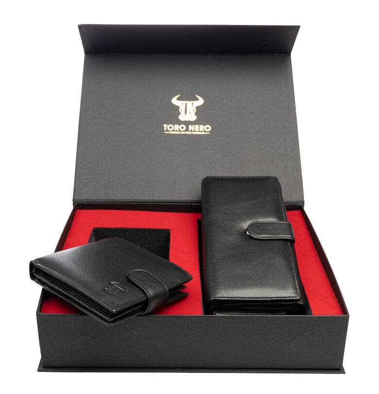 Комплект дамски портфейл и мъжки портфейл - естествена кожа - черен - Reset-Vita Opzioni Toro Nero