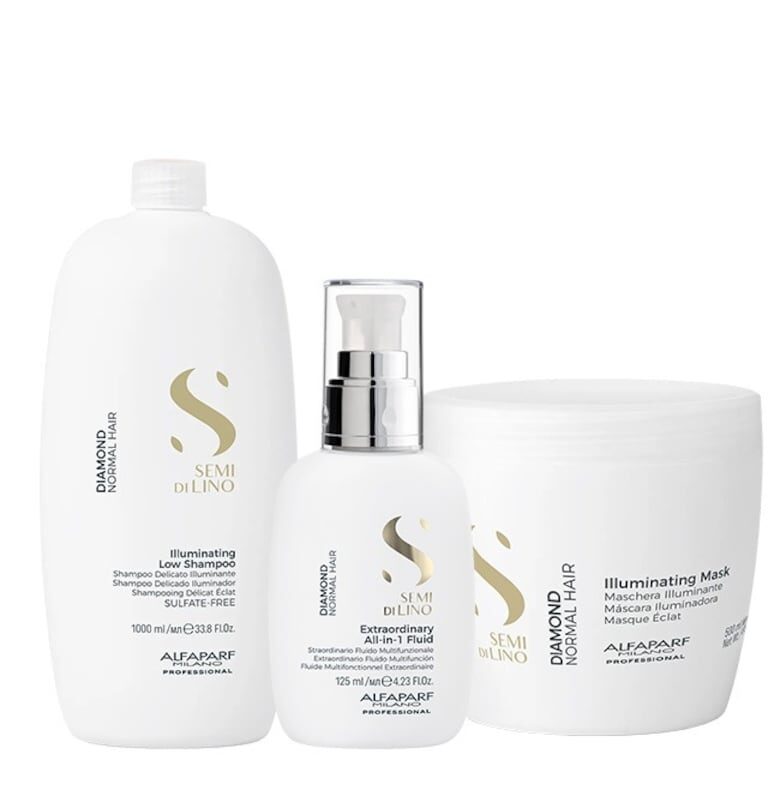 Комплект за блясък  Semi Di Lino Diamond Illuminating with Shampoo - 1000 ml - Маска - 500 ml и Флуид за блясък - 125 ml Alfaparf