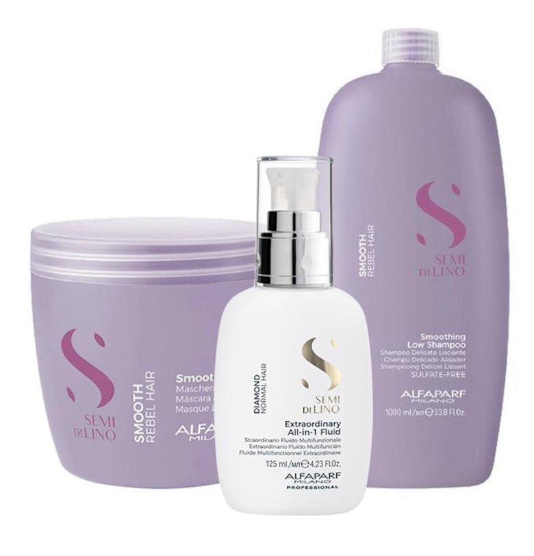 Комплект за изглаждане  Milano Semi Di Lino Shampoo - 1000 ml - Маска - 500 ml и Флуид за блясък All-in-1 Diamond Illuminating - 125 ml Alfaparf