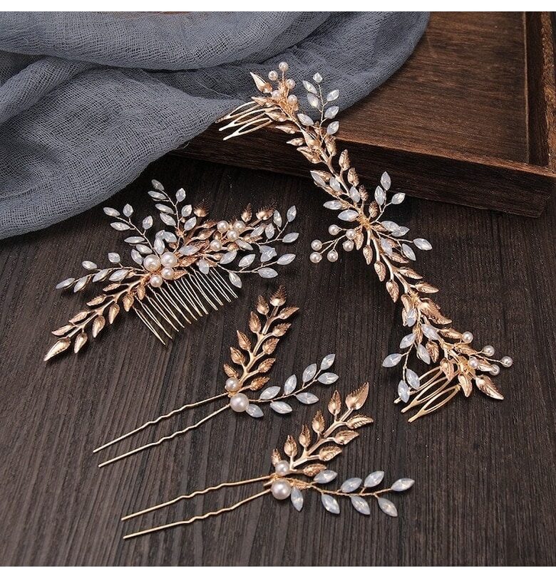 Комплект от 4 аксесоара за коса - златни - с листа и камъни - Ramses C11 - Pursehuit