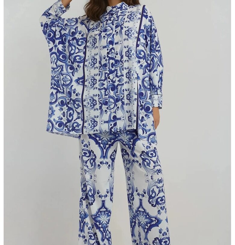 Комплект от две части  флорален мотив - висока талия - свободна кройка - син - текстил HiCCUP