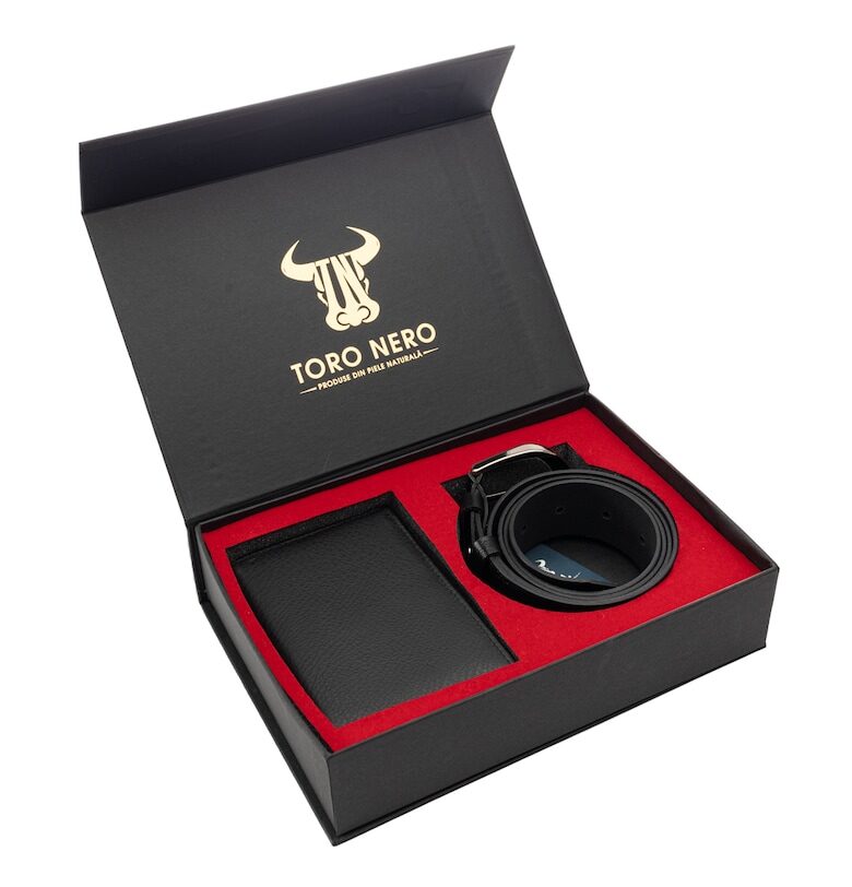 Комплект портфейл и колан - дамски - от естествена кожа - черен - малък Toro Nero