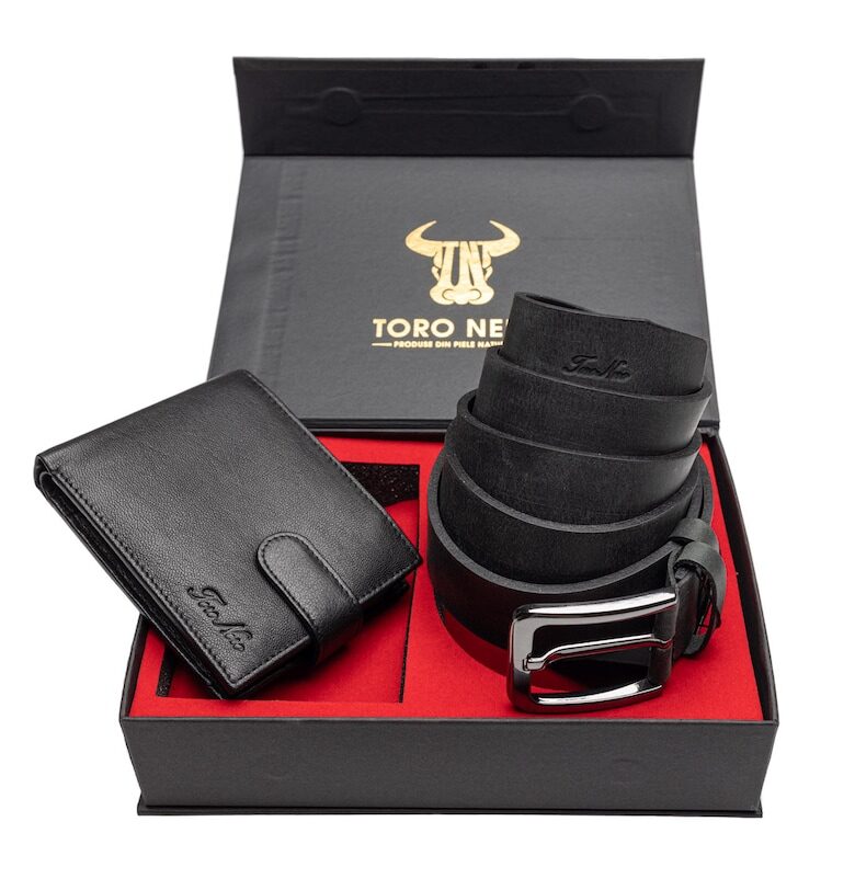 Мъжки портфейл и комплект колан - изработени от естествена кожа Vox-Rubber Toro Nero