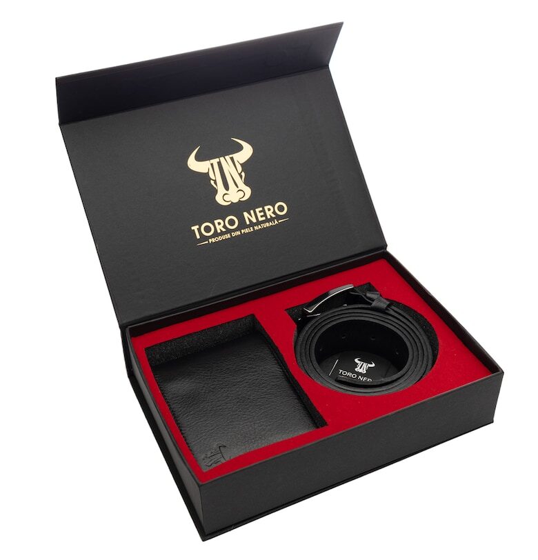 Комплект портфейл и колан - мъжки - от естествена кожа - Черен - Muselles Toro Nero