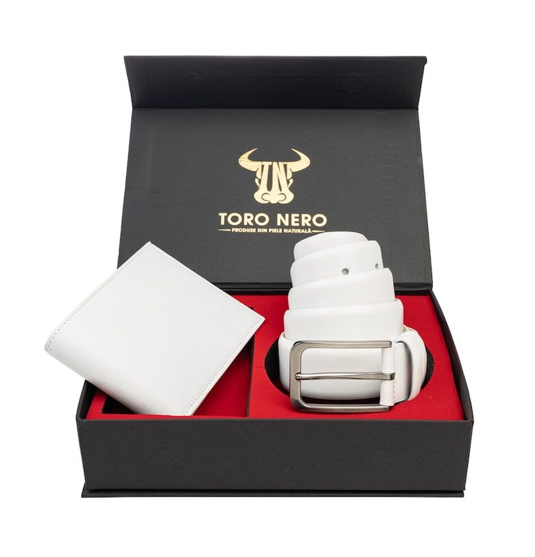 Комплект портфейл и колан - мъжки - от естествена кожа - бял - VIP Toro Nero