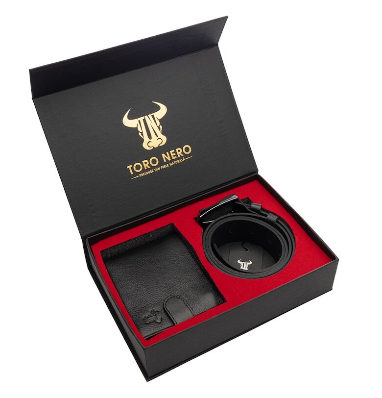 Комплект портфейл и колан - мъжки - от естествена кожа - черен - Executive Toro Nero