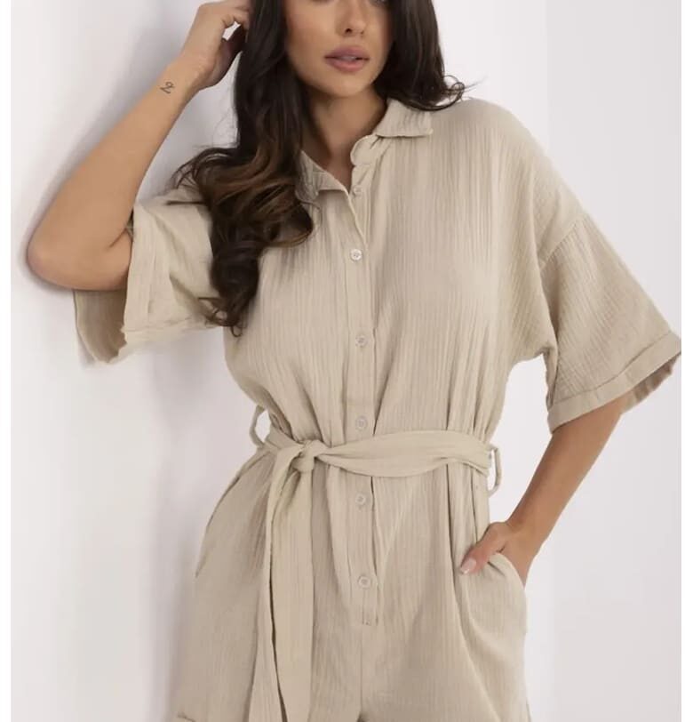 Къс памучен гащеризон с колан - Italy Moda