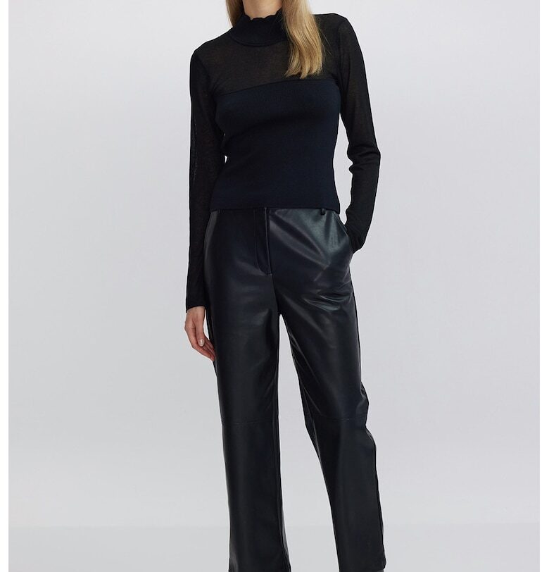 Къс пуловер с дизайн 2 в 1 и декоративни камъни - Черен Ipekyol