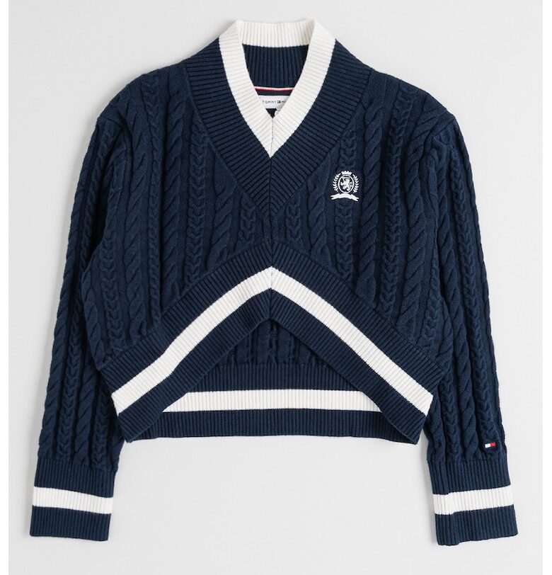 Къс пуловер с шпиц и плетка осморка - Бял/Тъмносин Tommy Hilfiger