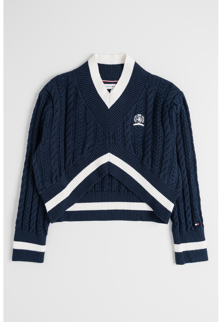 Къс пуловер с шпиц и плетка осморка - Бял/Тъмносин Tommy Hilfiger