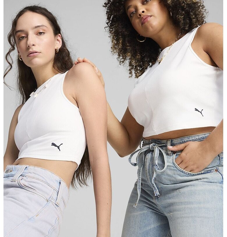 Къс рипсен танк топ с памук - Бял Puma