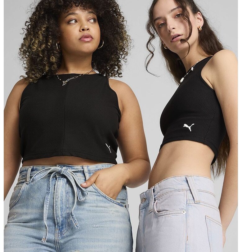 Къс рипсен танк топ с памук - Черен Puma