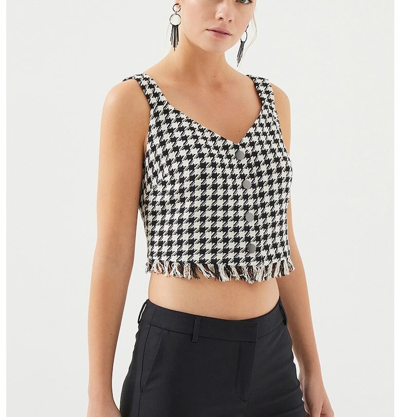 Къс топ с шпиц и ресни - Избеляло черно/Мръснобял Just Like You