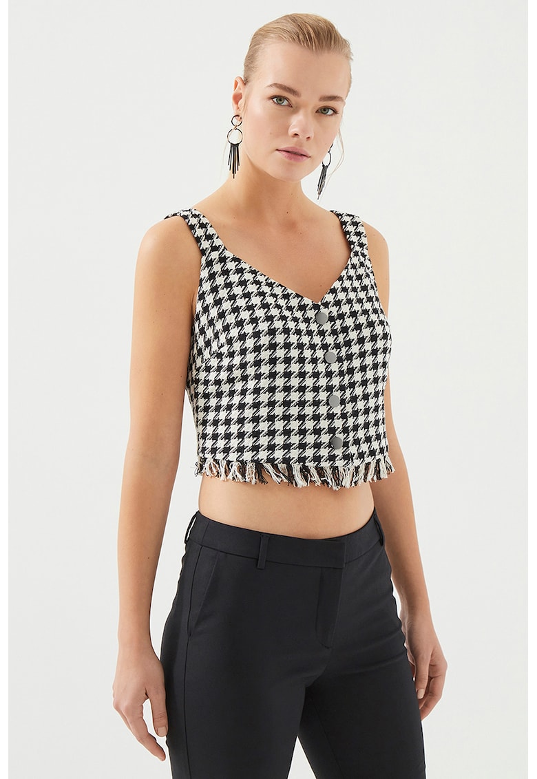 Къс топ с шпиц и ресни - Избеляло черно/Мръснобял Just Like You