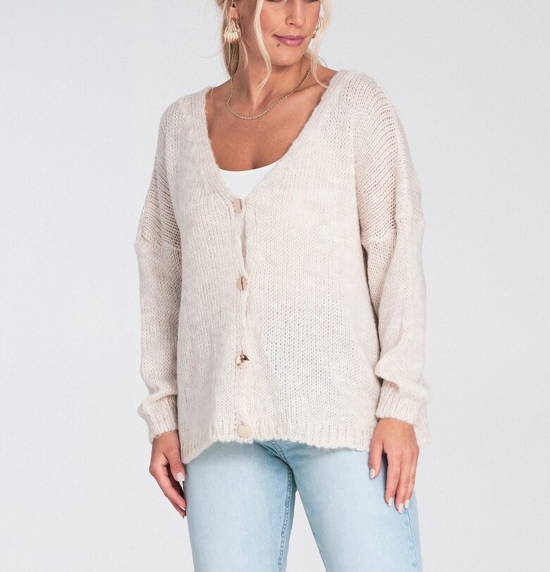 Къса дамска жилетка -  пуловер с декоративни копчета - бежов - плетена материя - полиестер Figl