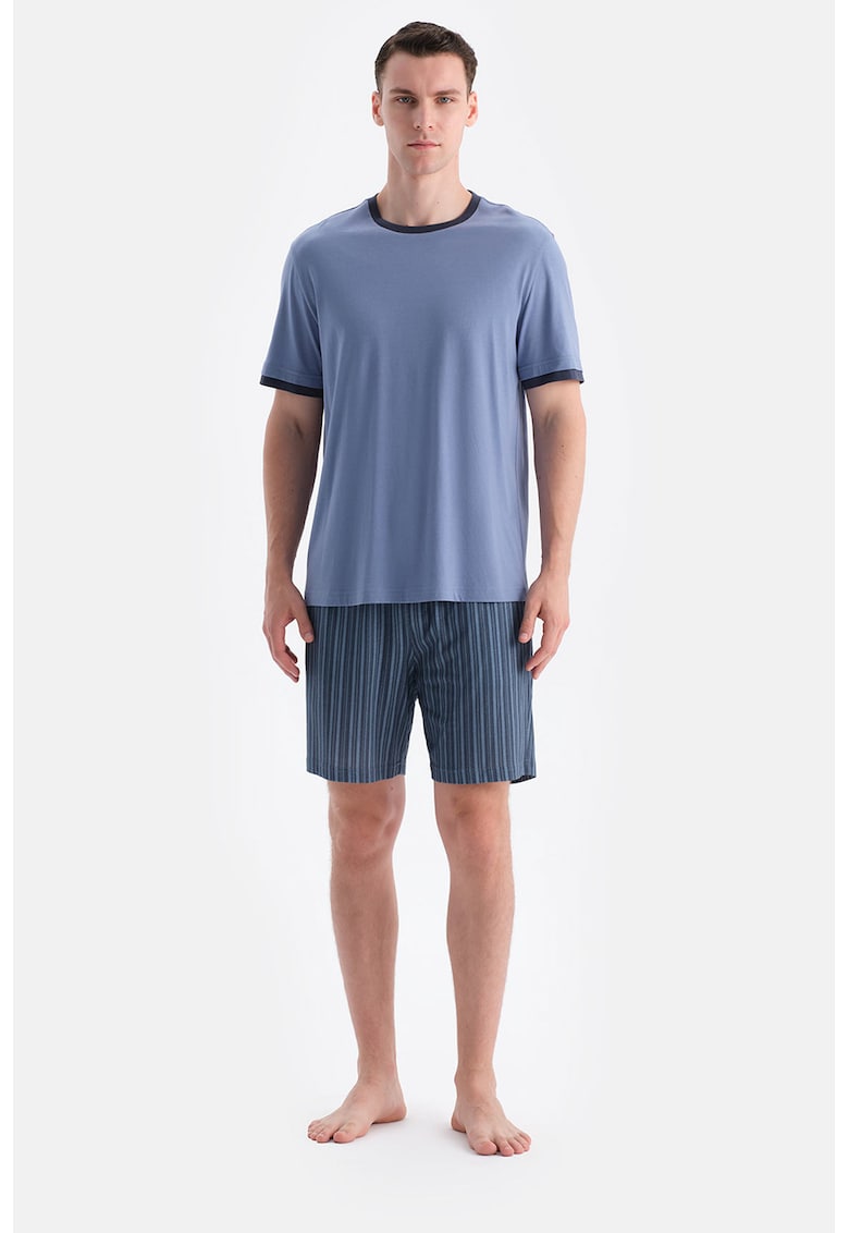 Къса пижама от памук и модал - Прашно синьо DAGI