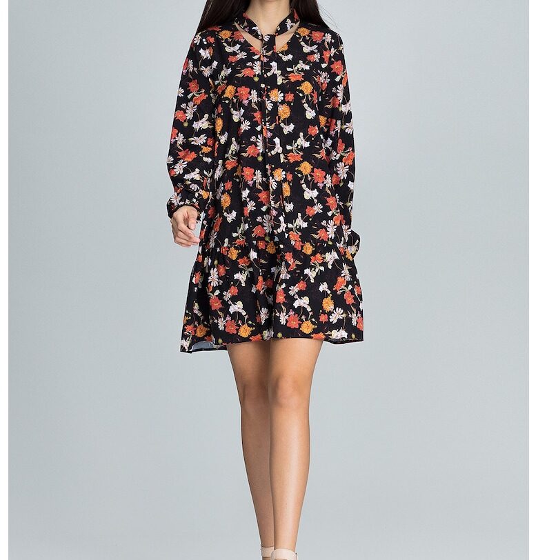 Къса рокля  M599 - флорален принт - дълъг ръкав - многоцветна - полиестер Figl