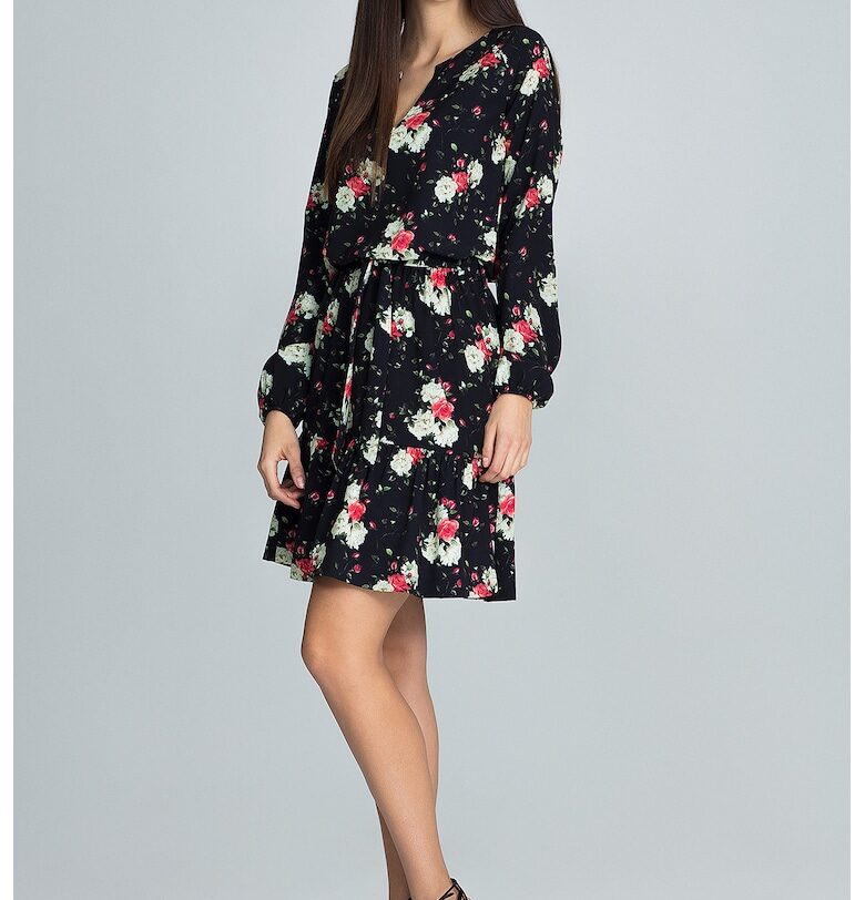 Къса рокля  бохемска - флорална - с бухнали ръкави - многоцветна - полиестер - Figl