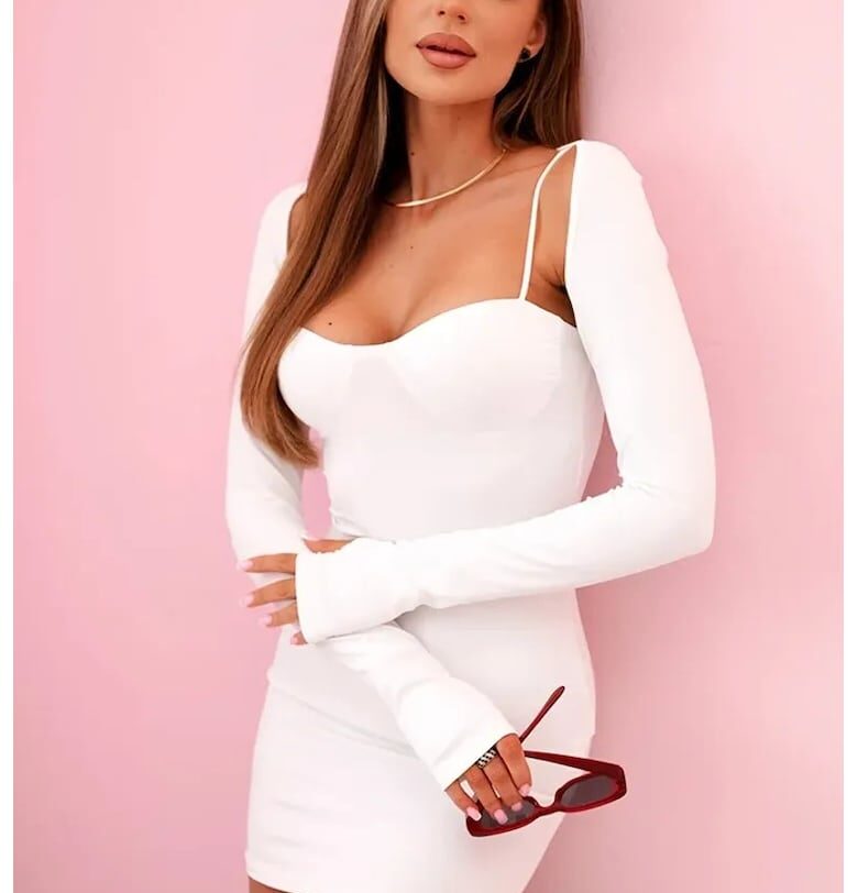 Къса рокля с дълги ръкави и квадратно деколте - Един размер Kesi