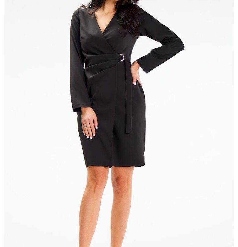 Къса рокля с дълъг ръкав - ежедневна - с V-образно деколте A637 awama