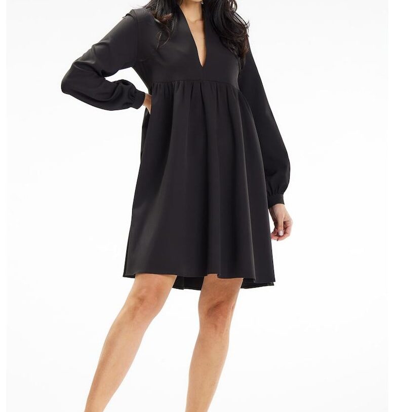 Къса рокля с дълъг ръкав - разкроена - с V-образно деколте A636 awama